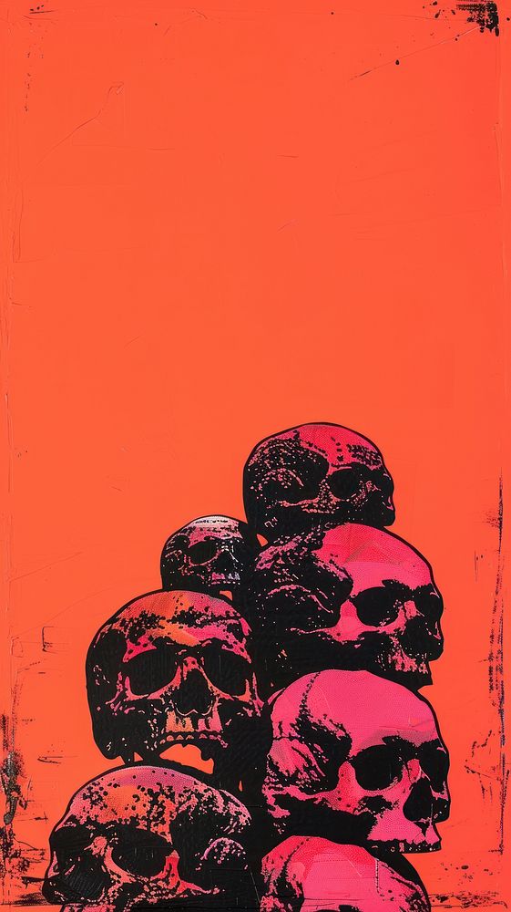 Silkscreen on paper of stack of skulls person human face.