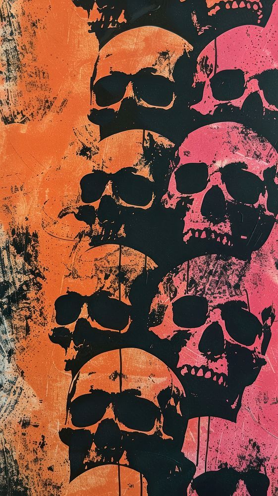 Silkscreen on paper of stack of skulls accessories sunglasses accessory.