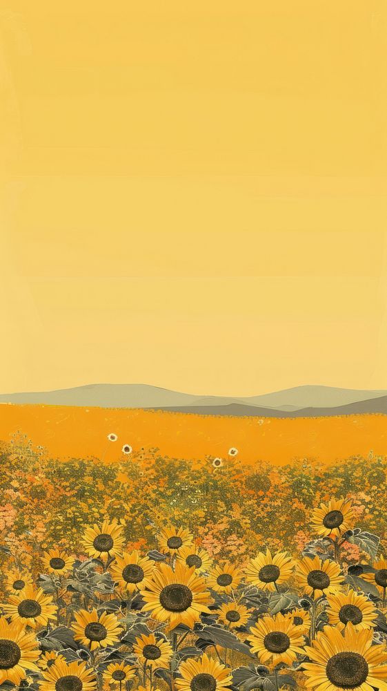 Silkscreen on paper of sunflower meadow asteraceae landscape outdoors.