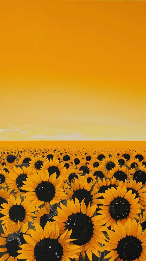 Silkscreen on paper of sunflower meadow asteraceae outdoors blossom.