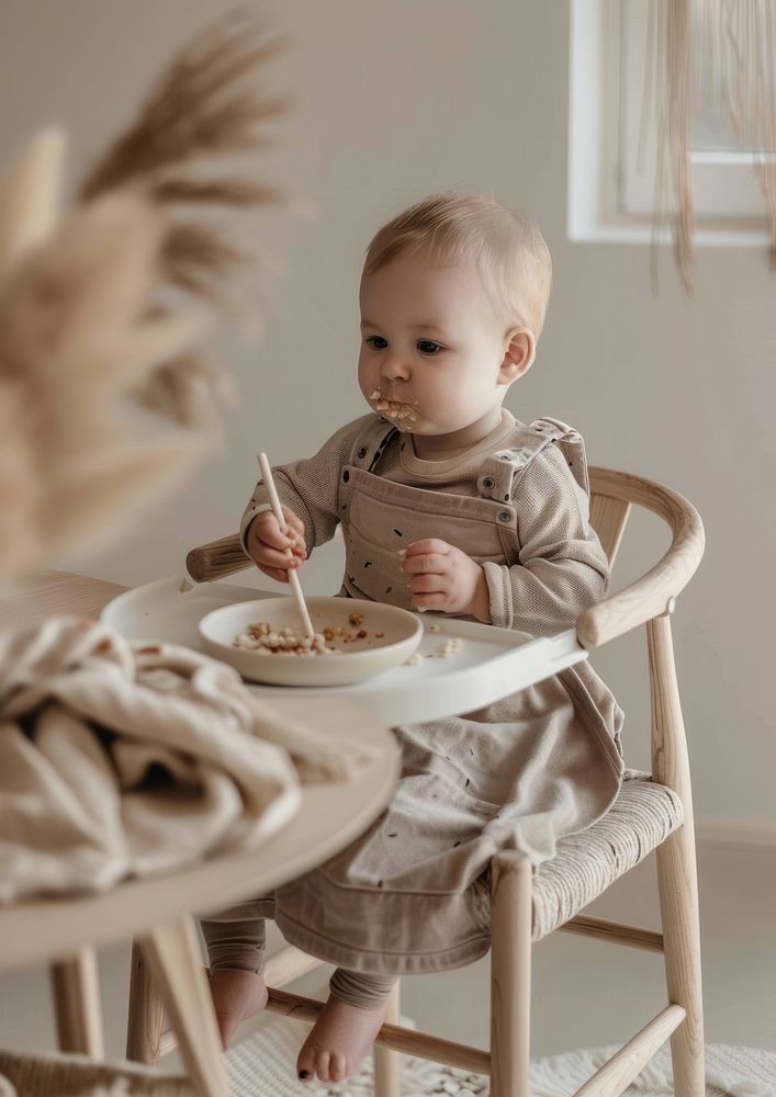 A baby sitting on a high chair bowl food furniture.