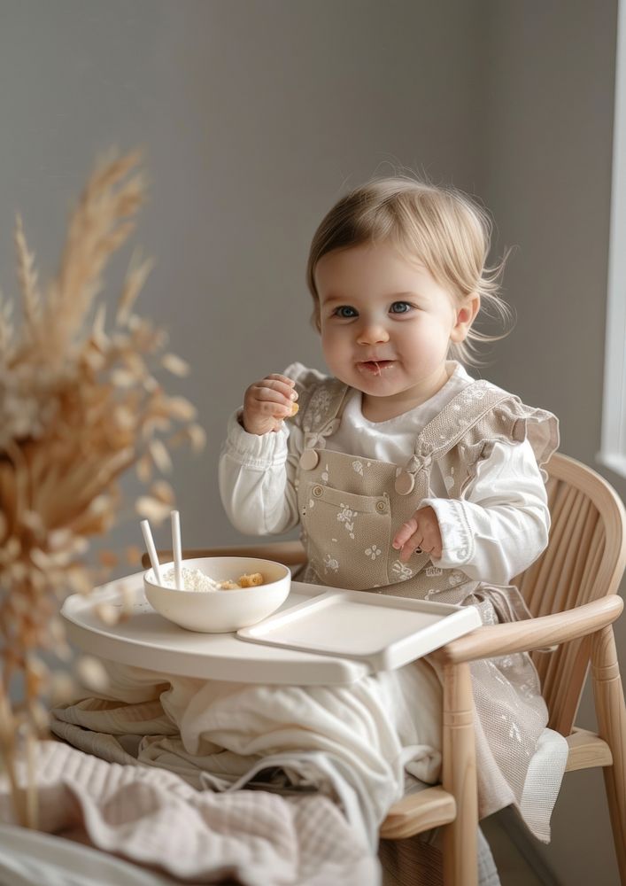 A baby sitting on a high chair table bowl food.