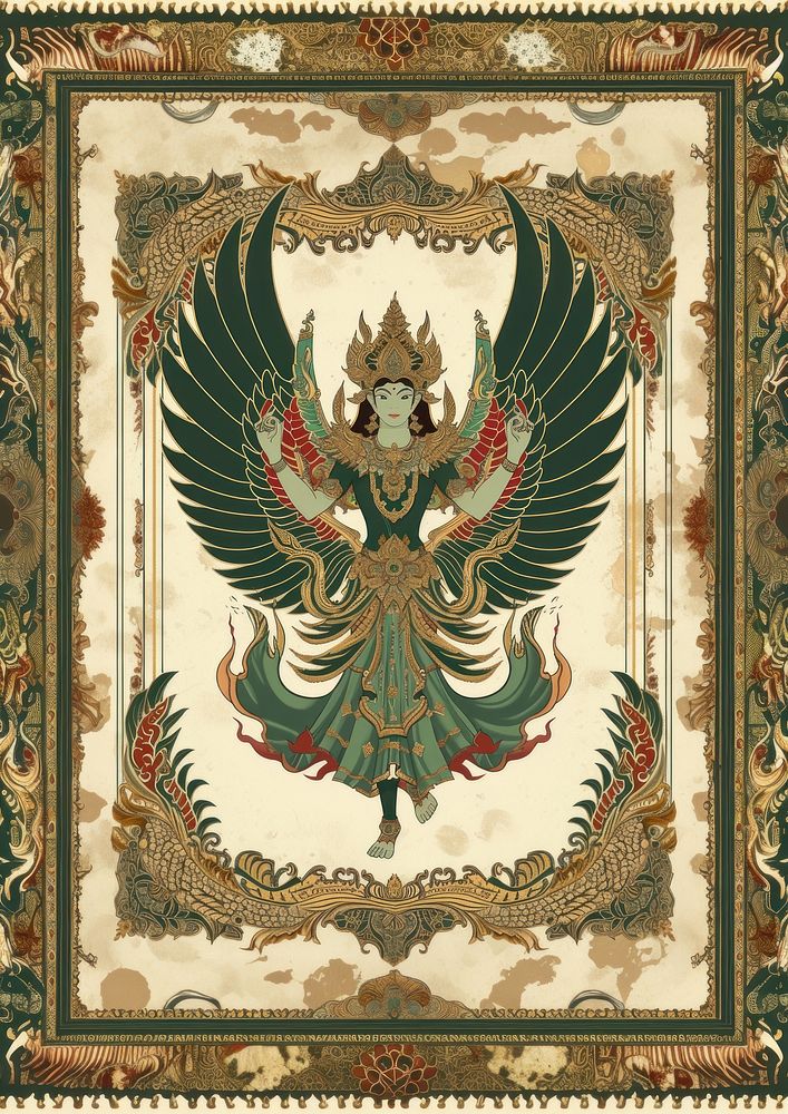 Thai traditional style tarot of a green ange tapestry pattern art.