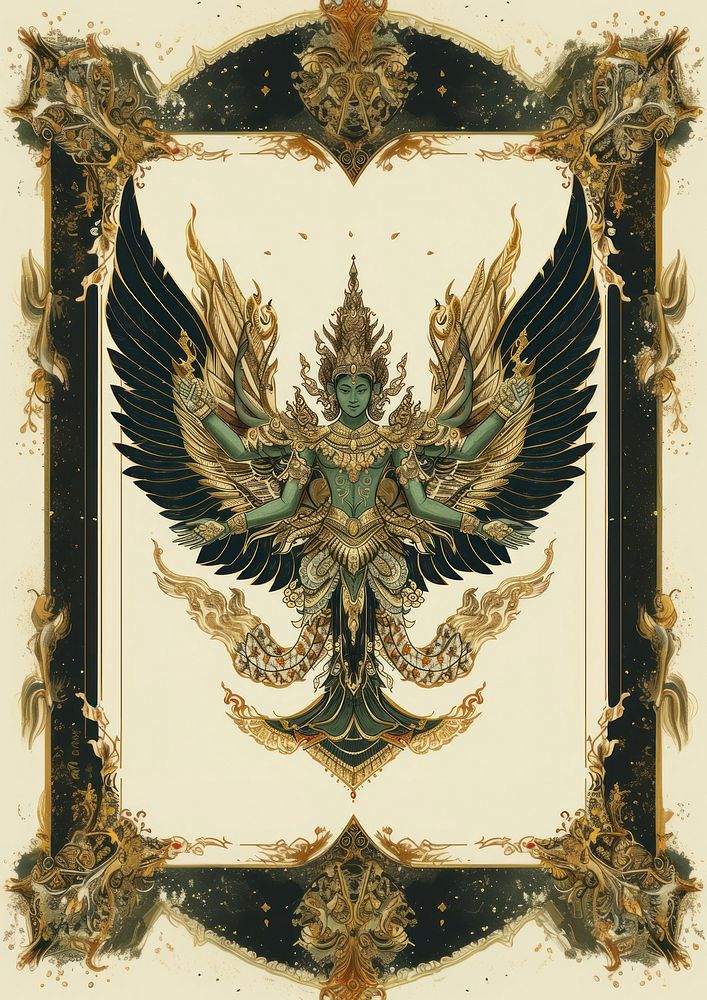 Thai traditional style tarot of a green angel gold art representation.