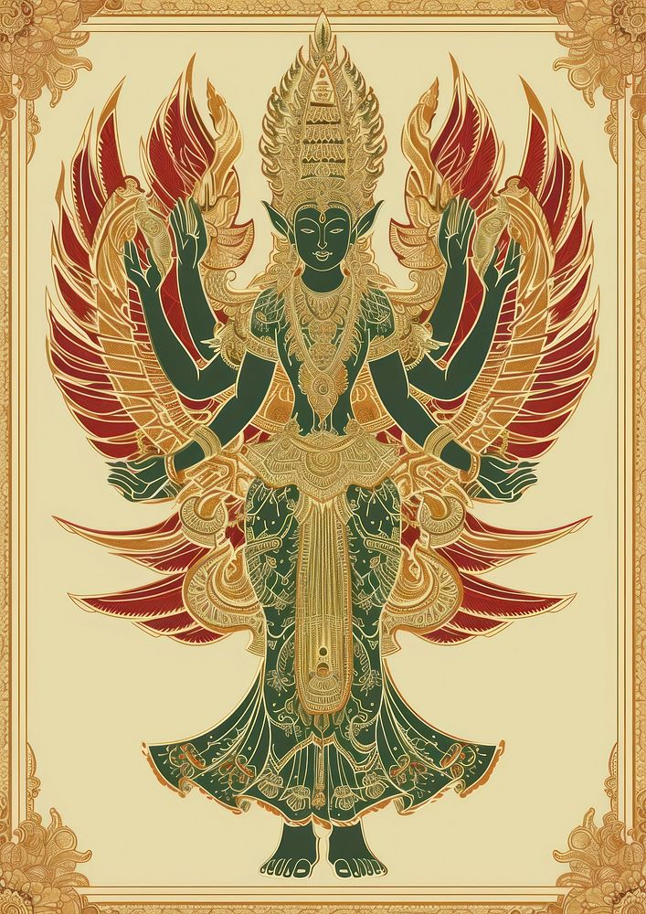 Thai traditional style tarot of a green angel gold art representation.
