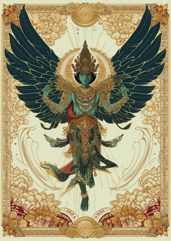 Thai traditional style tarot of a green angel representation spirituality architecture.