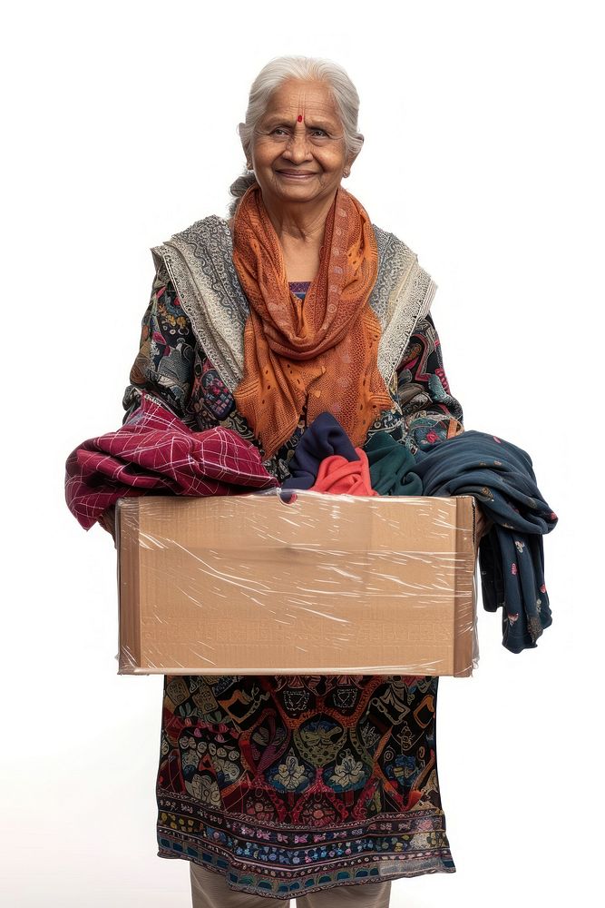 Woman holding donation box cardboard clothing apparel.