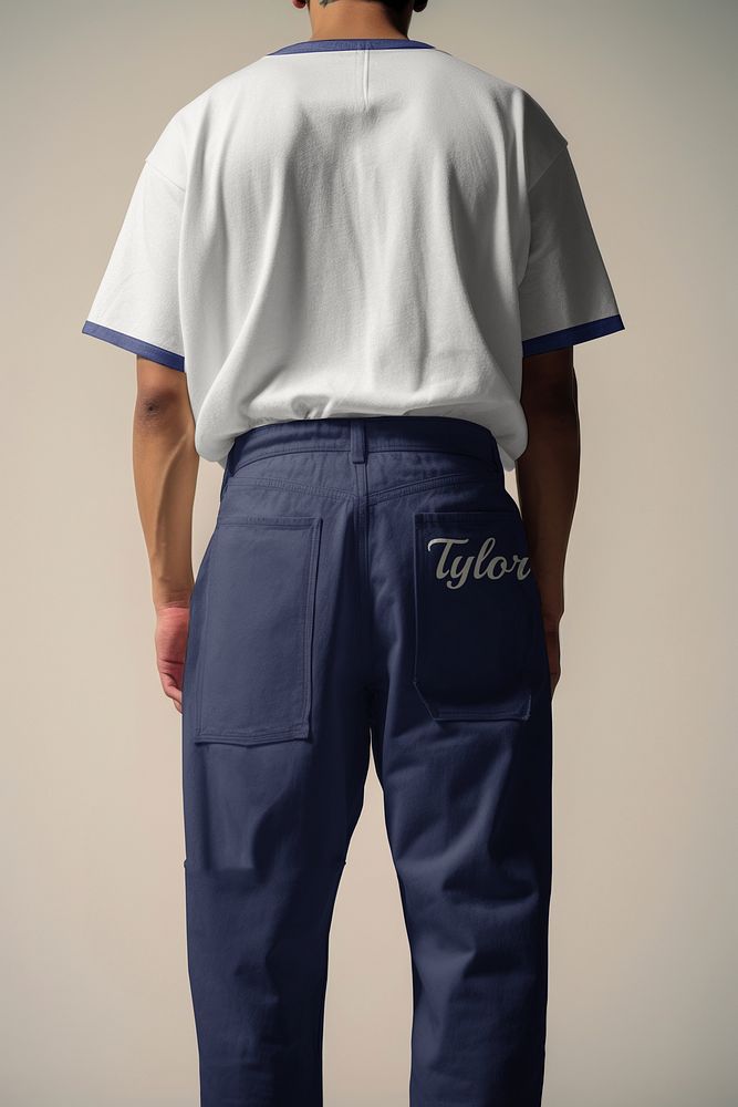 man in white t-shirt and blue pants, rear view