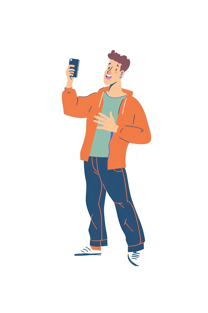 Man taking sefie with phone cartoon person clothing.