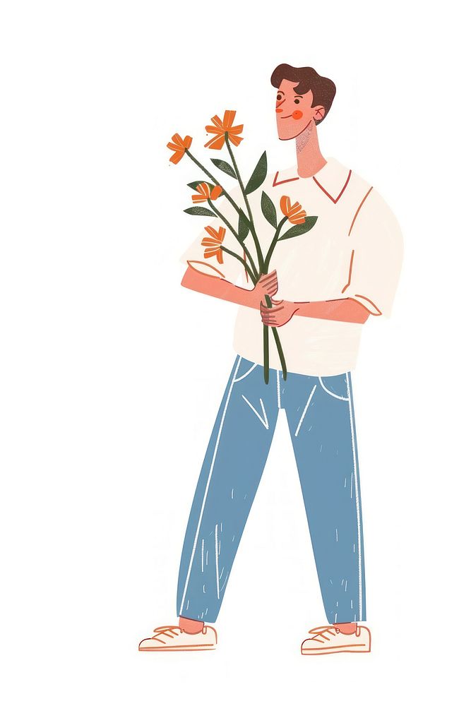 Man holding flowers person graphics clothing.