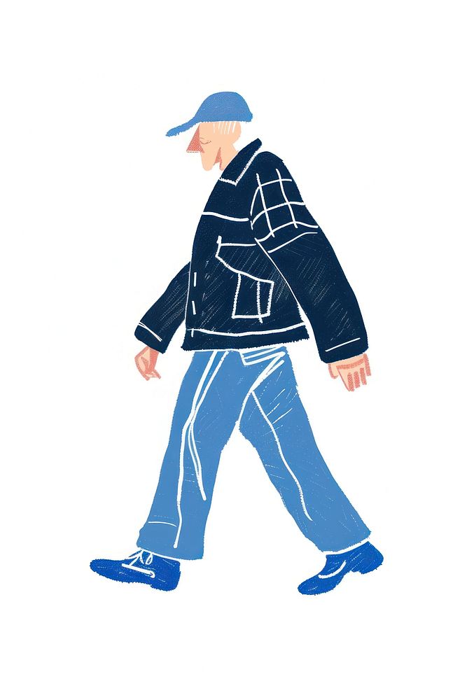 Old man walking person illustrated clothing.