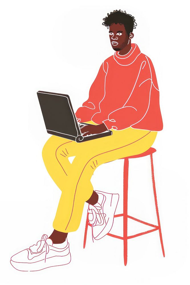 Black man working with laptop person electronics illustrated.