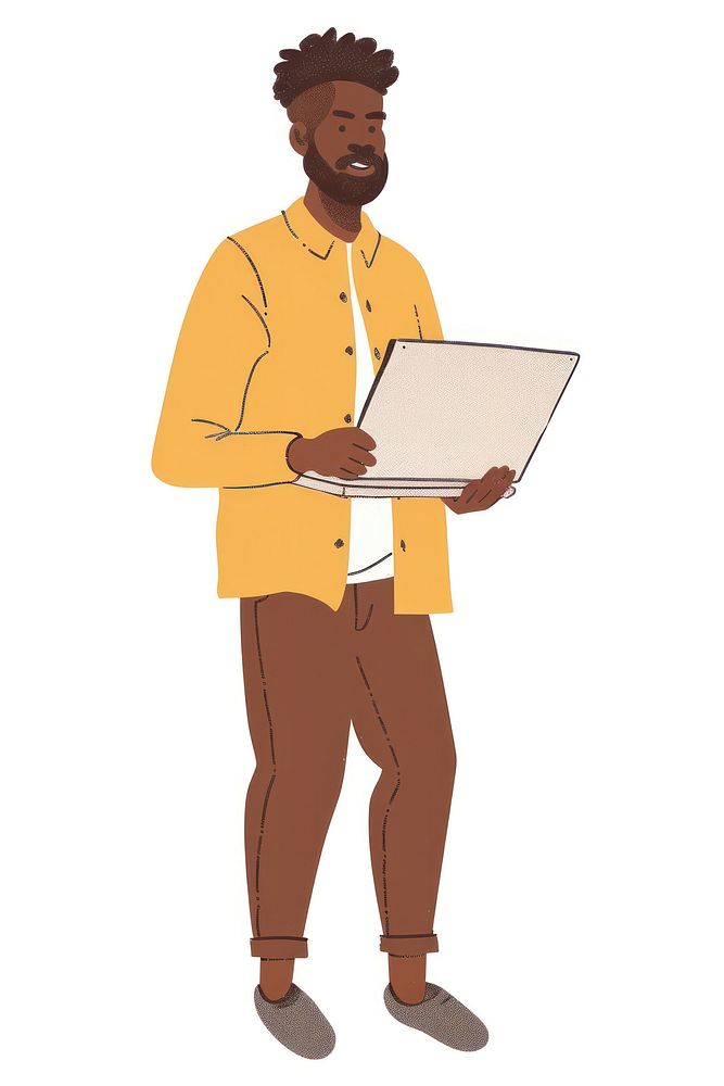 Black man working with laptop person cardboard standing.