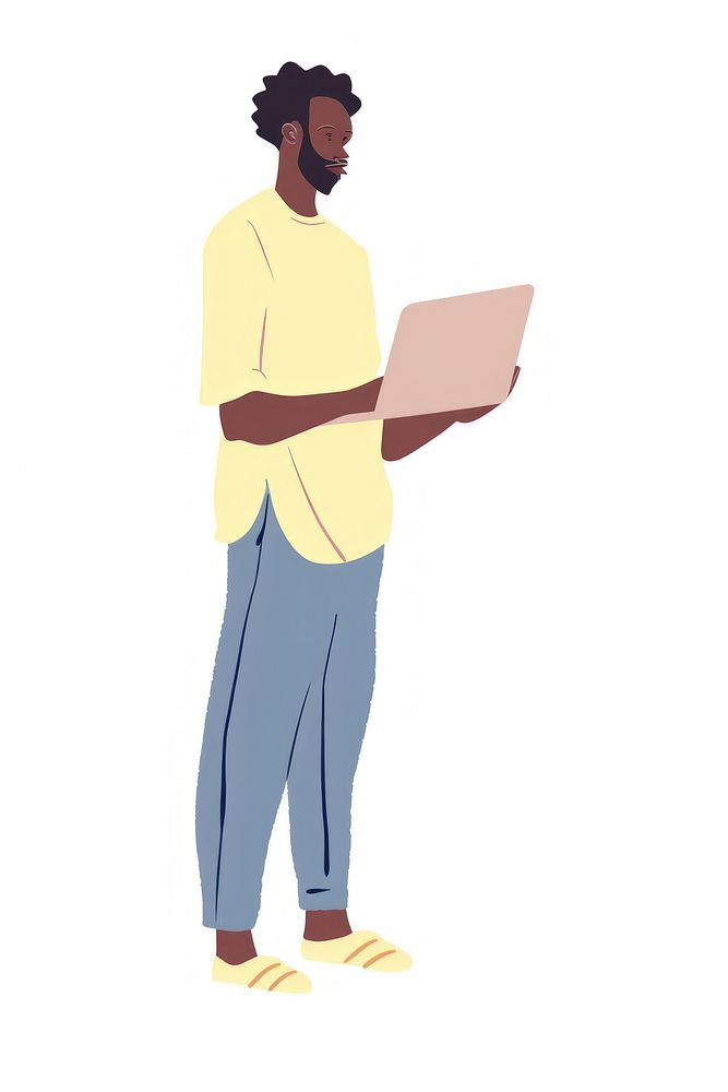 Black man working with laptop person standing clothing.