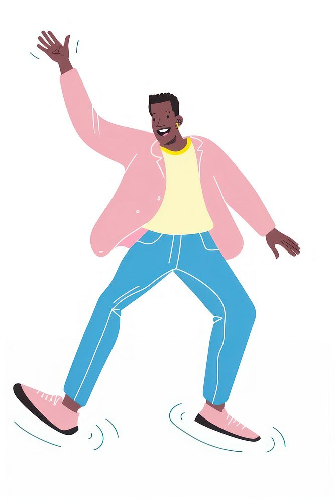 Black man listing music and dancing person illustrated clothing.
