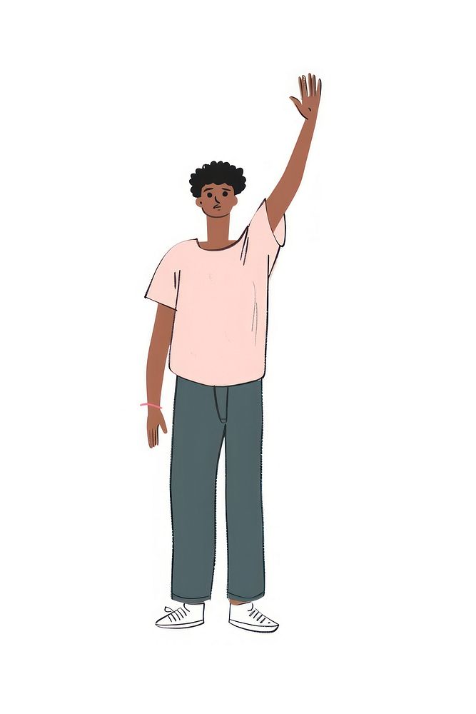 Black manraising hand up cartoon person clothing.