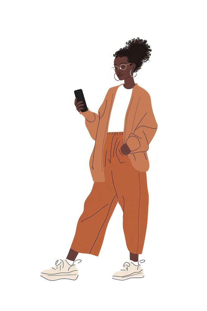 Black woman holding phone person electronics clothing.