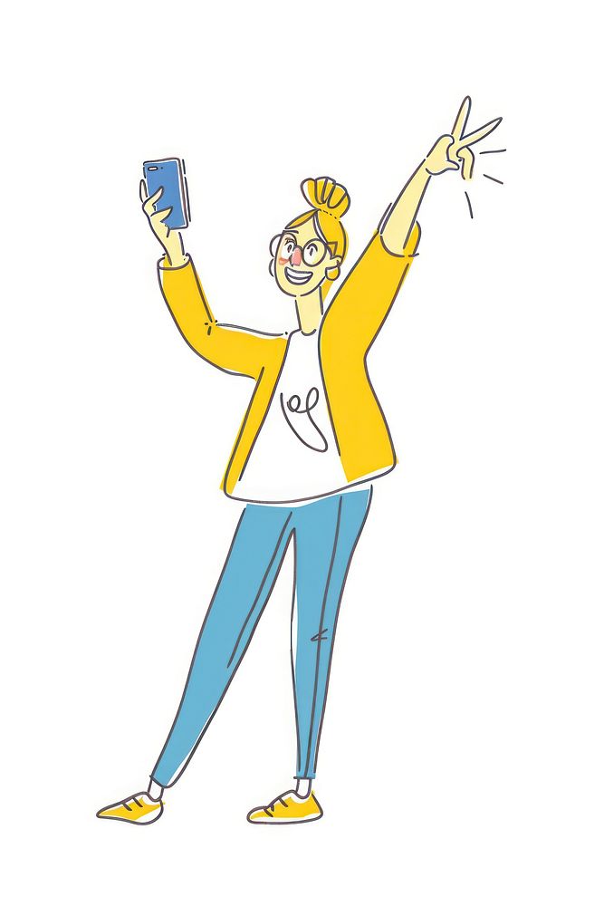Smiling taking selfie with phone and making peace gesture sign cartoon person electronics.