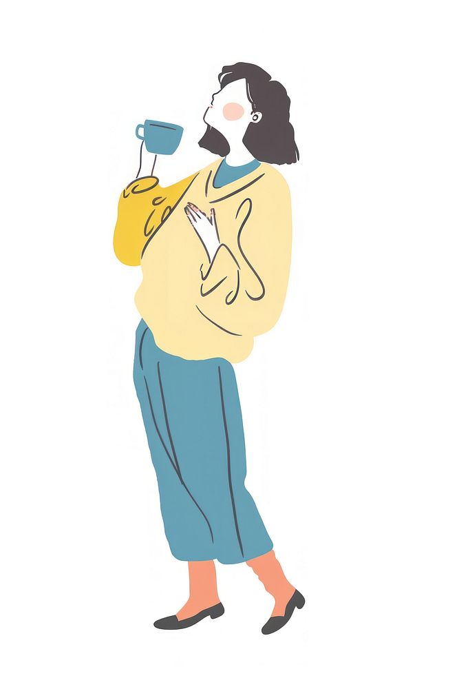 Woman holding a coffee cup cartoon person cleaning.