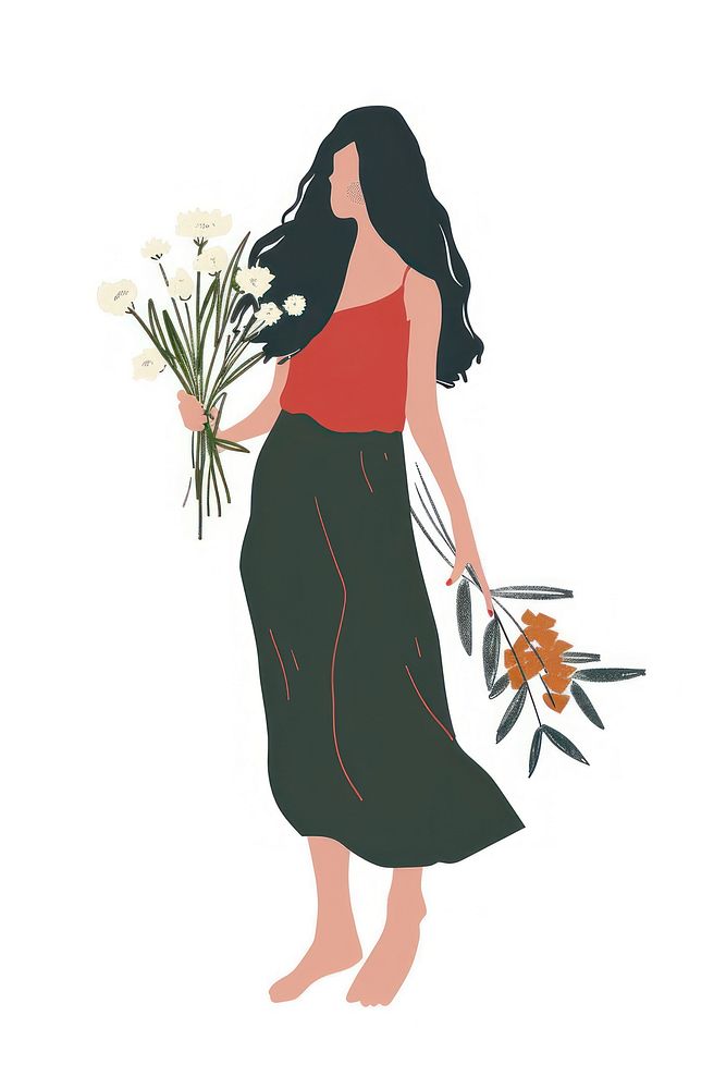 Woman holding flowers person graphics clothing.