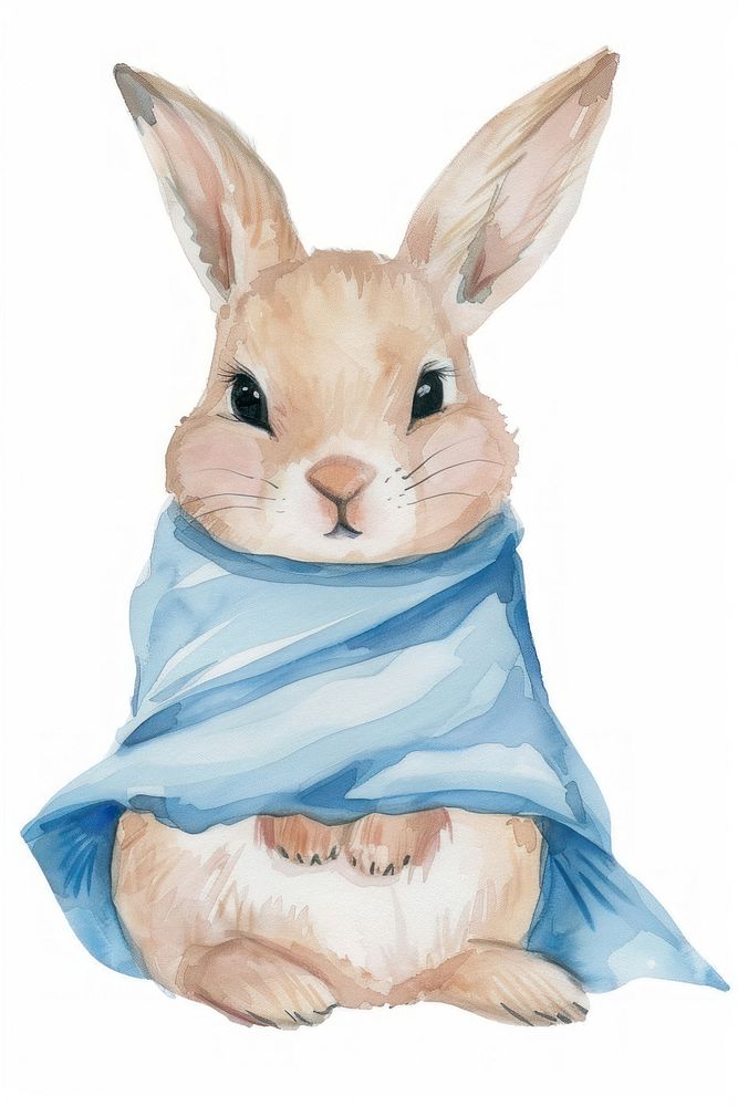 Baby boy rabbit wearing a blue cloth animal mammal person.