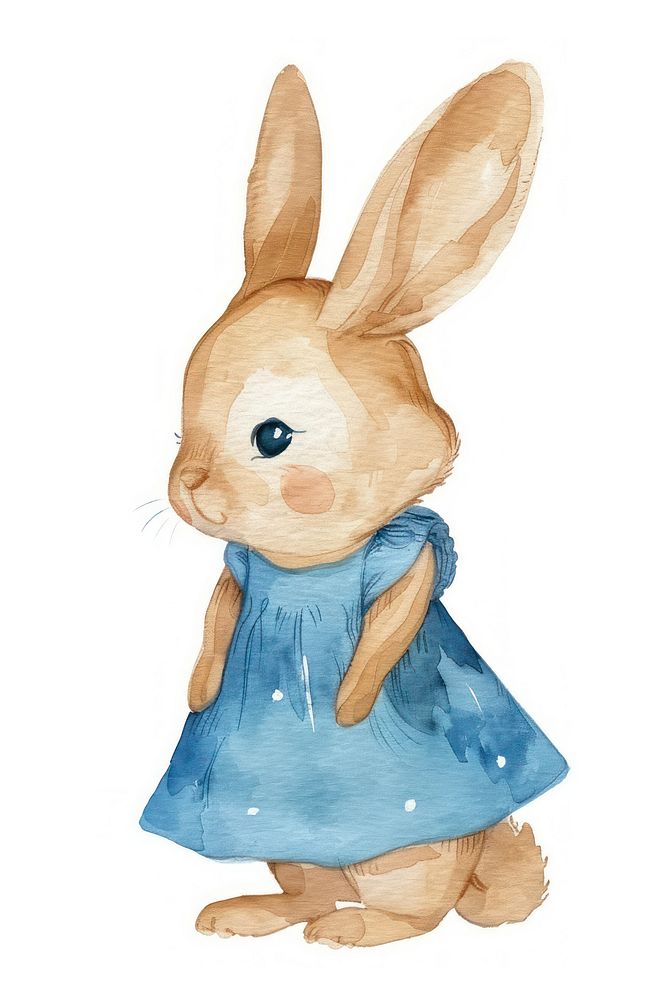 Baby bunny wearing a blue dress animal mammal rabbit.