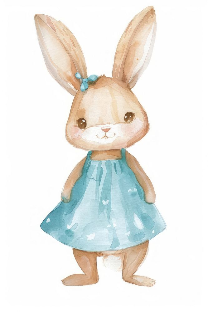 Baby bunny wearing a blue dress figurine person human.
