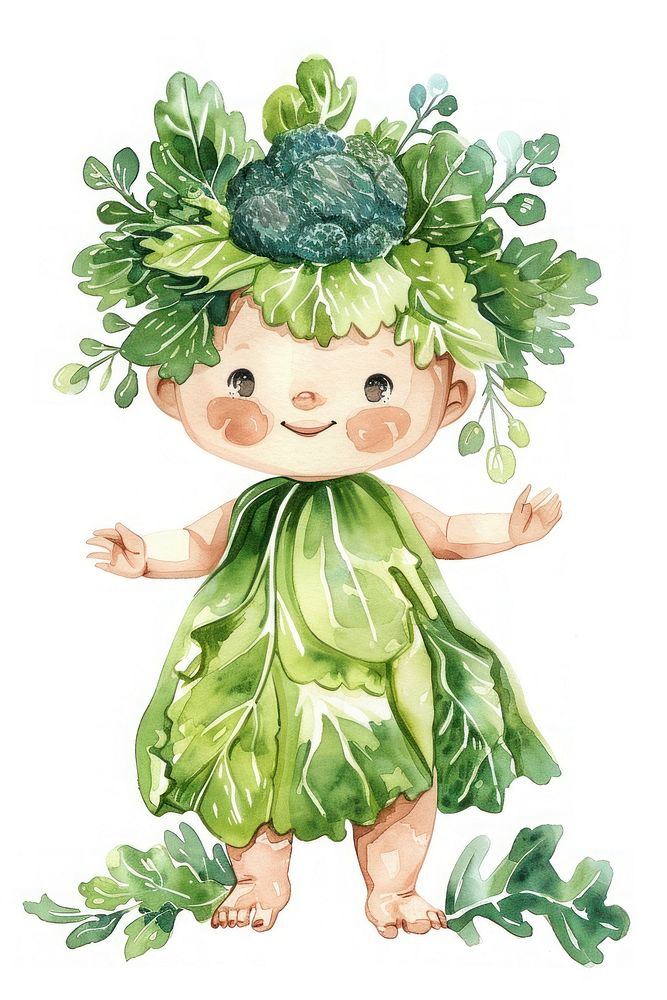 Baby in cabbage dress with broccoli crown baby vegetable produce.
