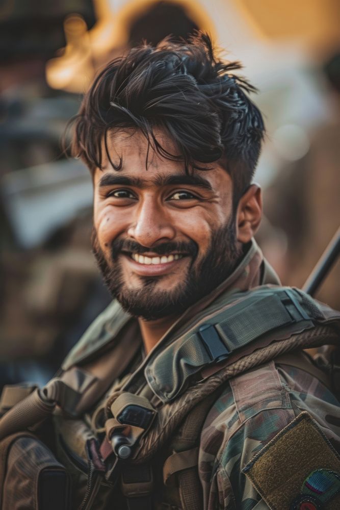 Military south asian man soldier dimples person.