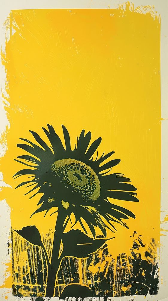 Silkscreen on paper of a sunflower asteraceae painting blossom.