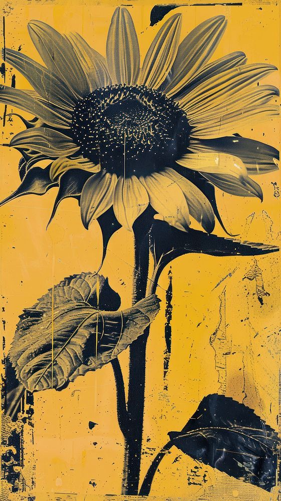 Silkscreen on paper of a sunflower painting blossom person.