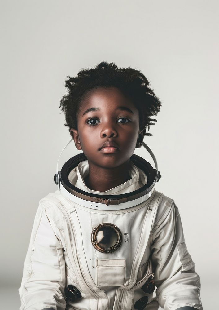 African american child wearing astronaut suit face electronics headphones.