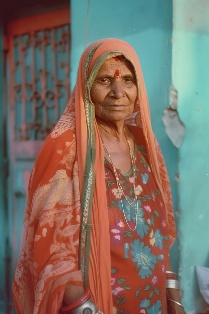 Old Indian woman wearing streetwear clothes adult architecture accessories.