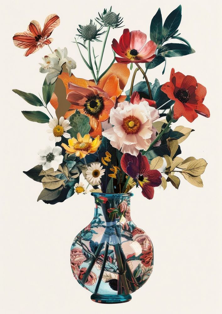 Flower vase collage cutouts graphics painting pottery.