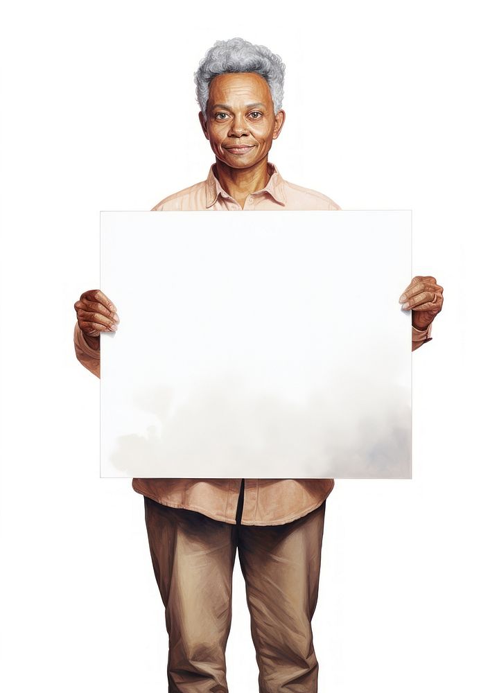 Angry elderly black woman holding board portrait person hand.