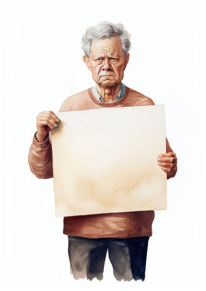 Angry elderly woman holding board portrait painting person.