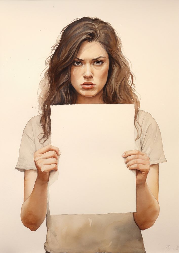 Woman holding blank notice board portrait painting person.