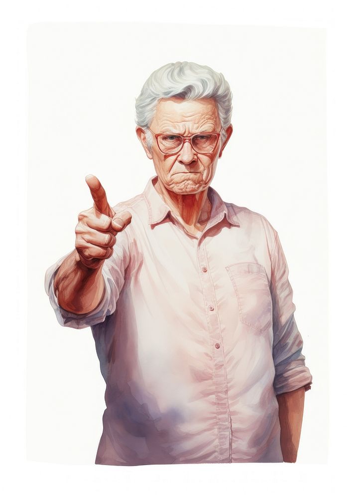 Angry elderly woman holding board portrait person hand.