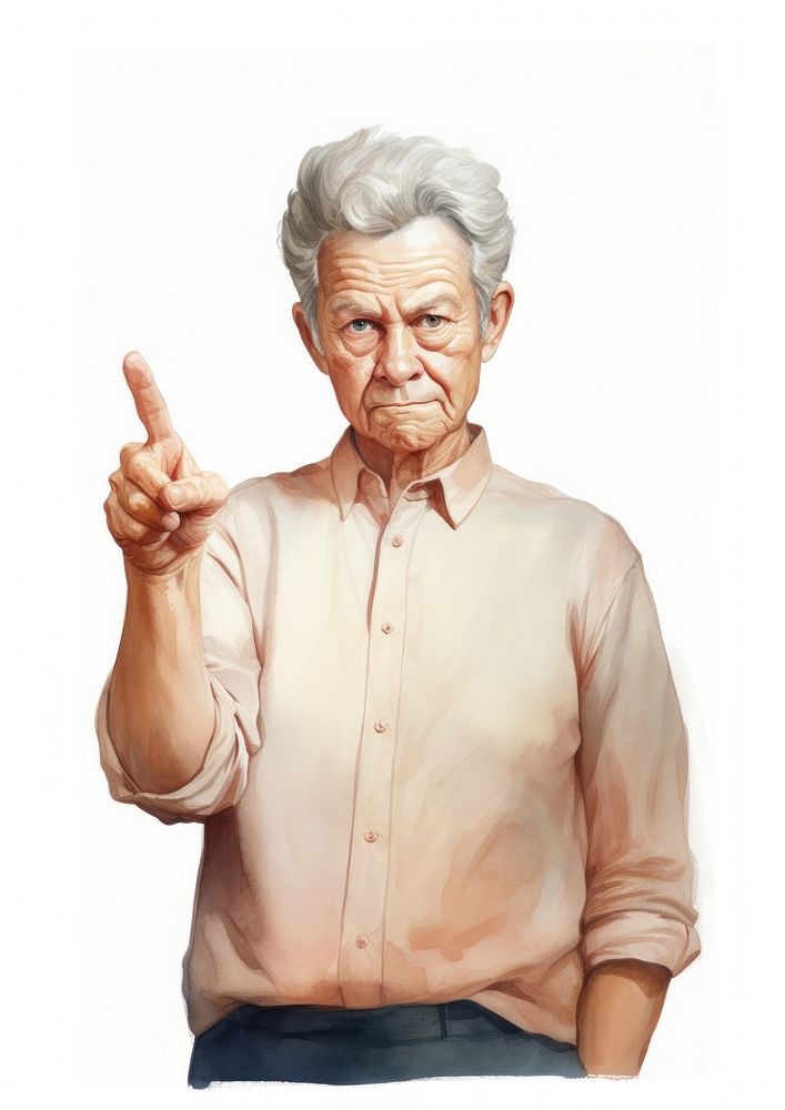 Angry elderly woman holding board portrait person hand.