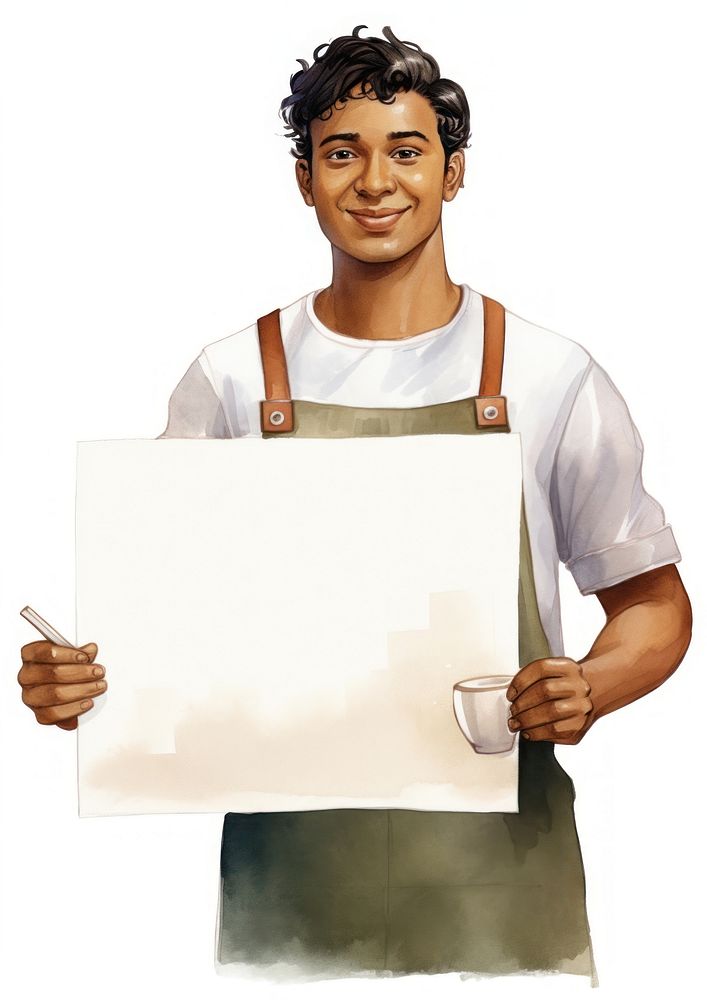 Barista holding blank notice board person clothing apparel.