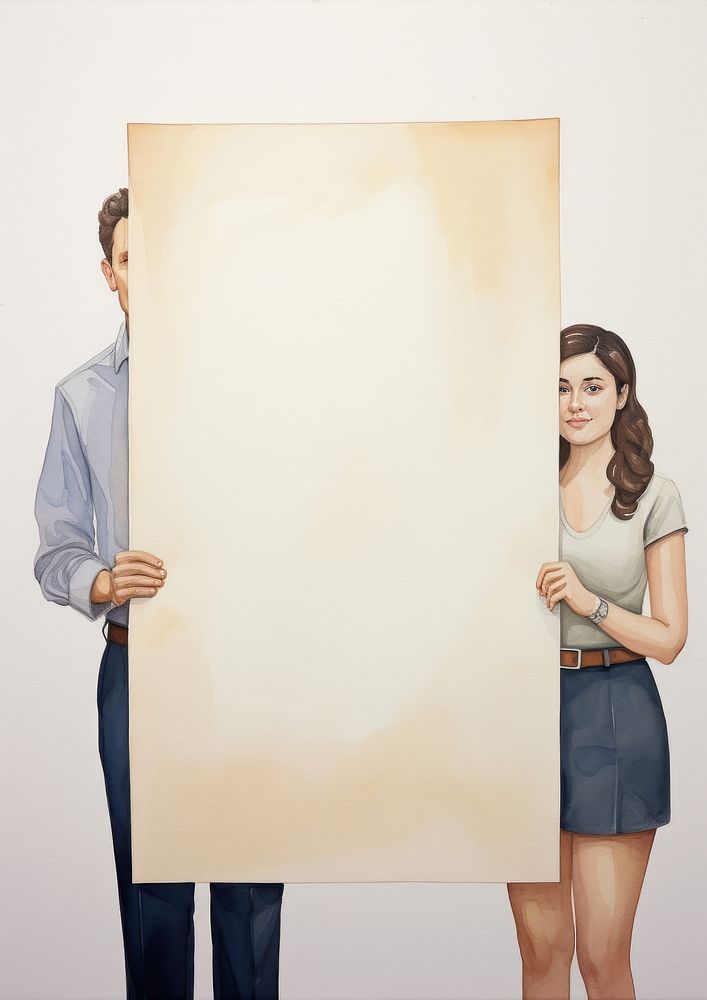 Couple holding blank notice board portrait person photography.