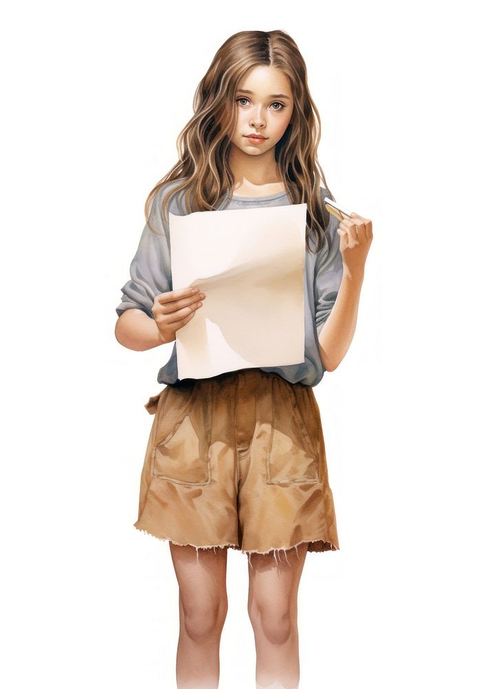 Girl holding notice board clothing apparel reading.