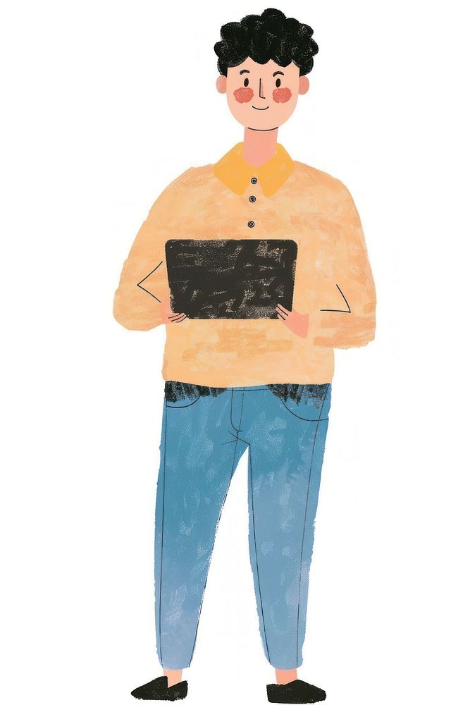 Man holding laptop person text illustrated.
