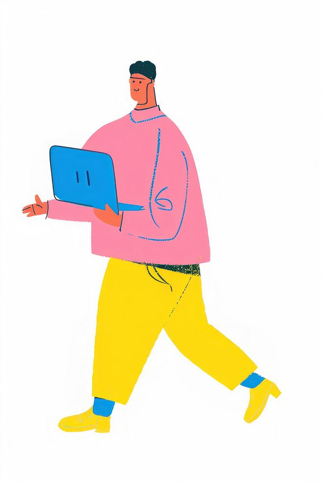 Man holding laptop person illustrated clothing.