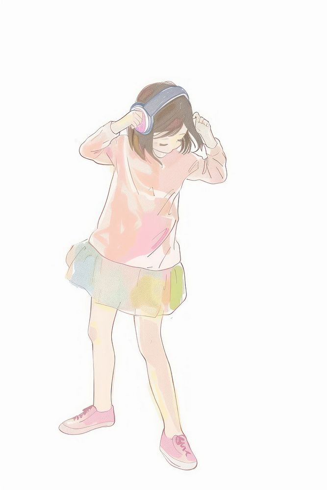 Girl listen music with headphone person illustrated clothing.