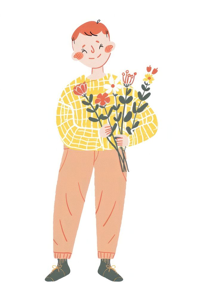 Smiling person holding flowers illustrated painting drawing.