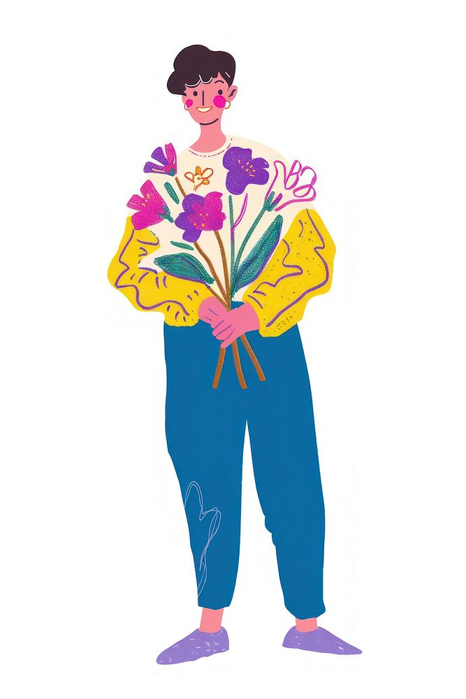 Smiling person holding flowers cartoon clothing painting.