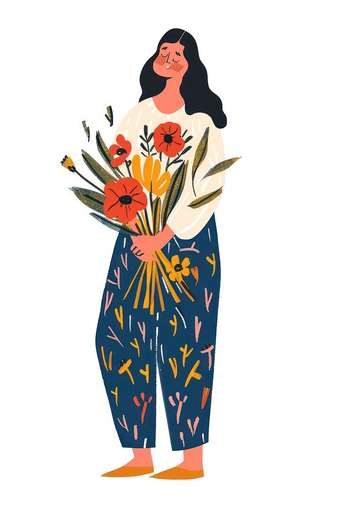 Smiling woman holding flowers person graphics painting.
