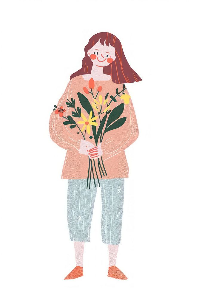 Smiling woman holding flowers person illustrated blossom.