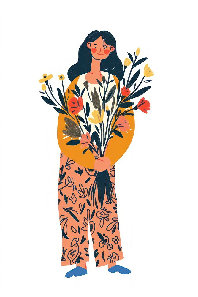 Smiling woman holding flowers person graphics pattern.